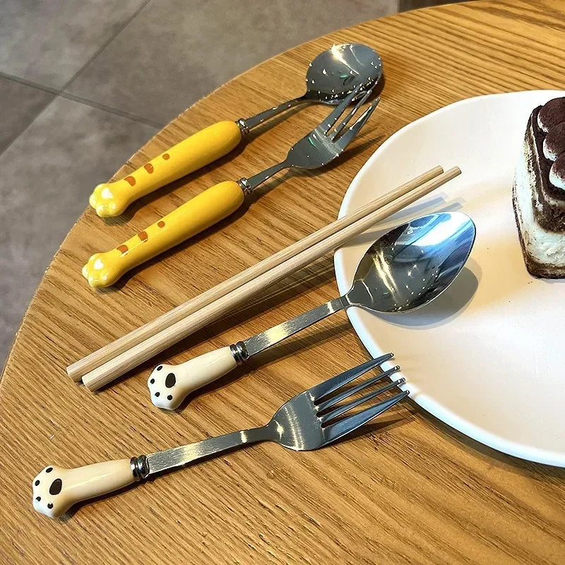 Children Cartoon Animals Cutlery Stainless Steel Spoon Fork Set Portable Outdoor Lunch Tableware with Box Kitchen Accessories