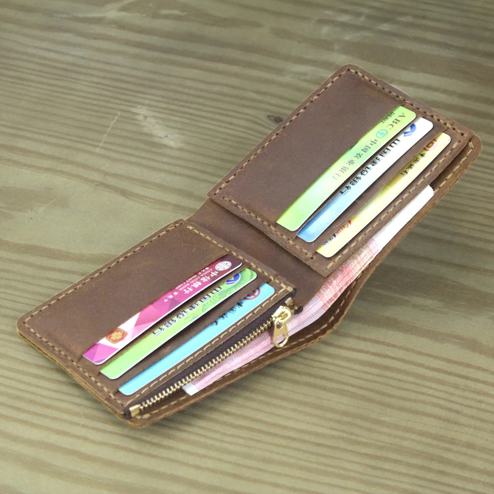 Luxury Handmade Genuine Leather Men Wallet Bifold Purse Male Wallets Short Money Clip Vintage Leather Money Bag with zip pocket