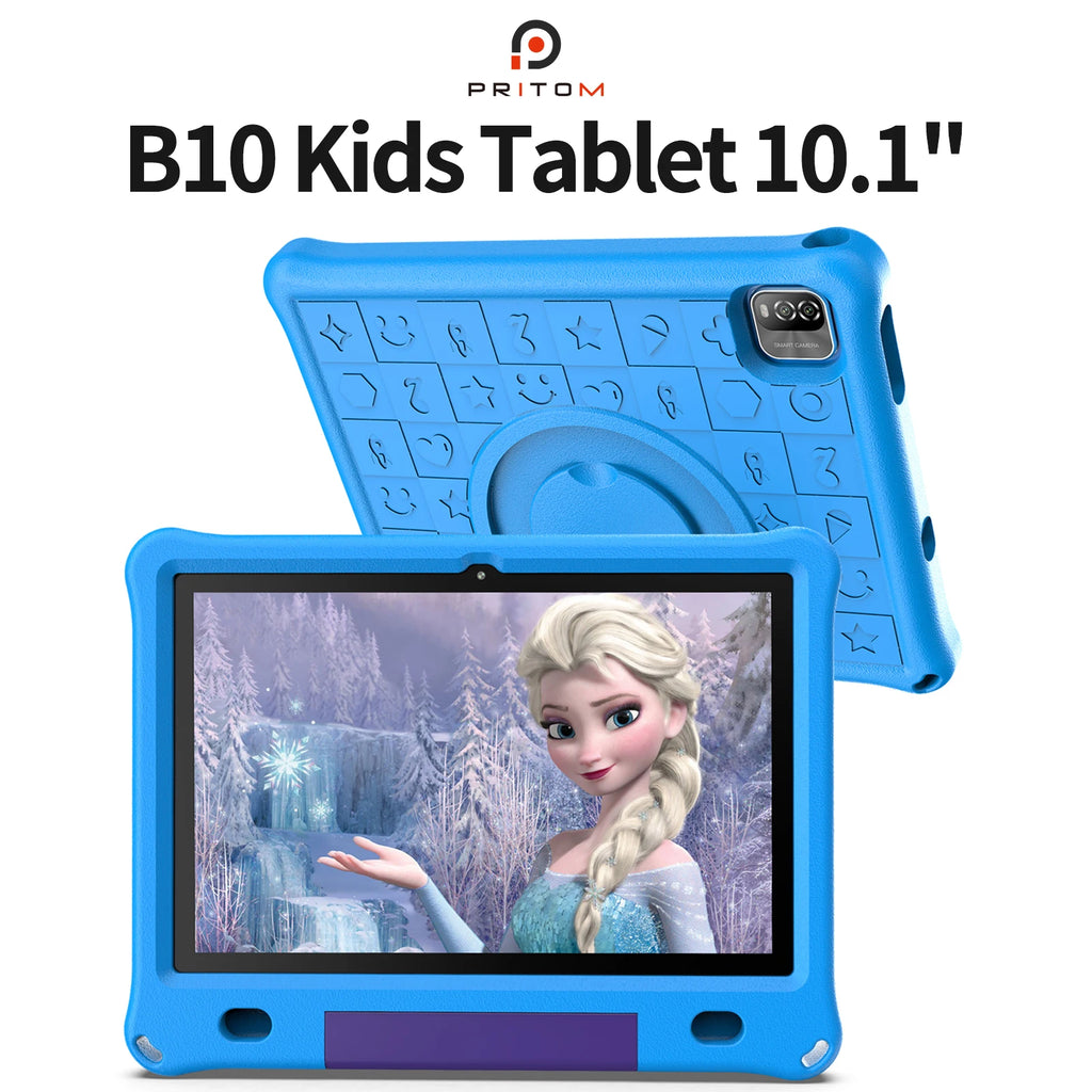 Pritom 10.1 Inch Kids Tablet Android 15 WIFI 6 Quad Core Processor 3GB RAM 64GB ROM YouTube with EVA Protective Case