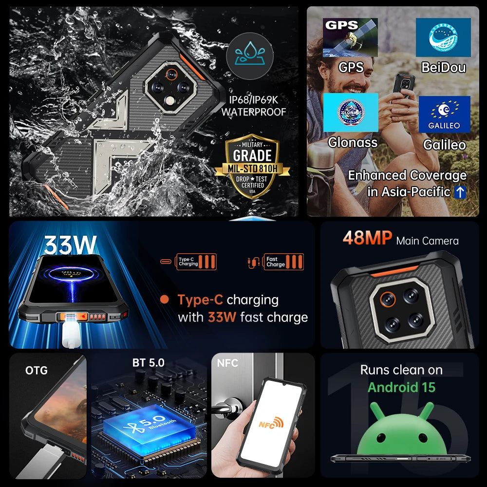Cubot Rugged Smartphone Android 15 King Kong ES 3, 10200mAh Battery, Up to 16GB+256GB, 6.745" Screen, 120Hz,48MP Camera, NFC,GPS