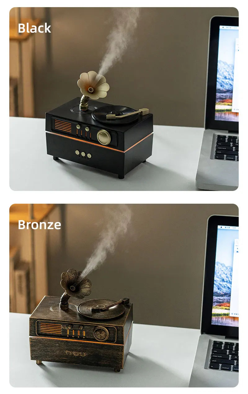 5V Retro Phonograph Bluetooth Speaker Humidifier Ultrasonic Aroma Diffuser Rotating Colorful Light Remote Essential Oil Atomizer