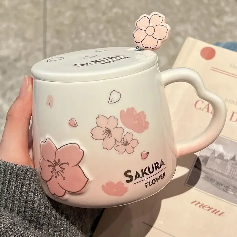 New High Beauty Mug with Lid Spoon Sakura Powder Household Lovely Breakfast Lovers Milk Coffee Mug Ceramic Mug