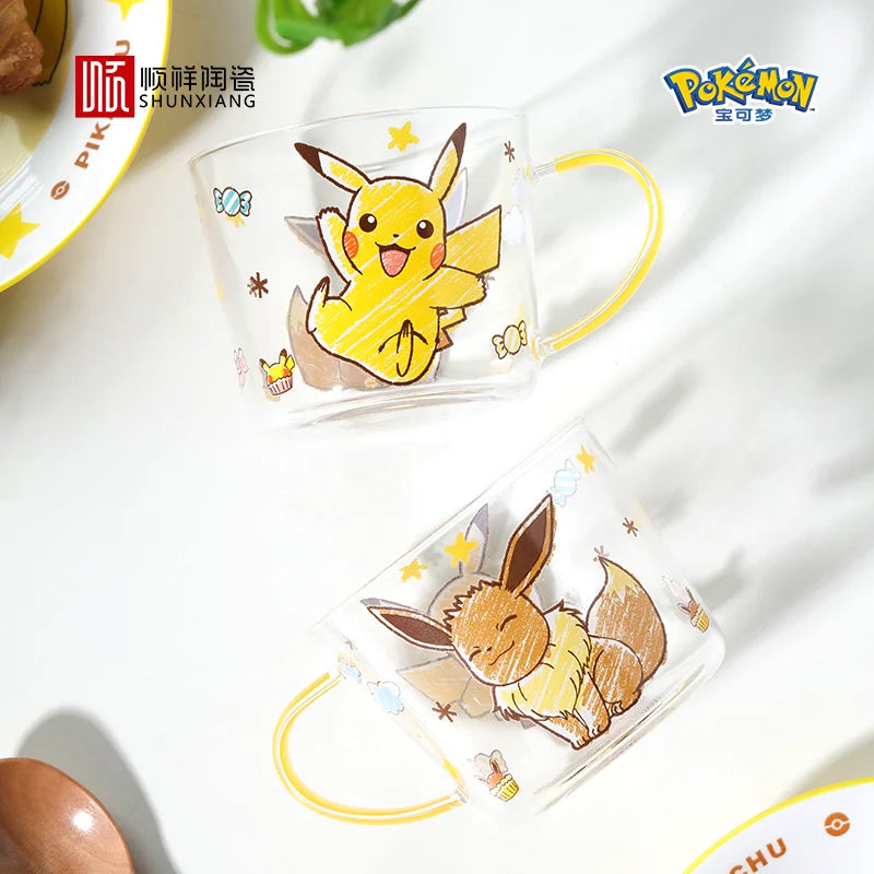 SHUNXIANG Pokémon Pikachu Glass Mugs Milk Cup Cute Drink Tableware Coffee Cup Kawaii  Transparent Water Cup with Handle Gift