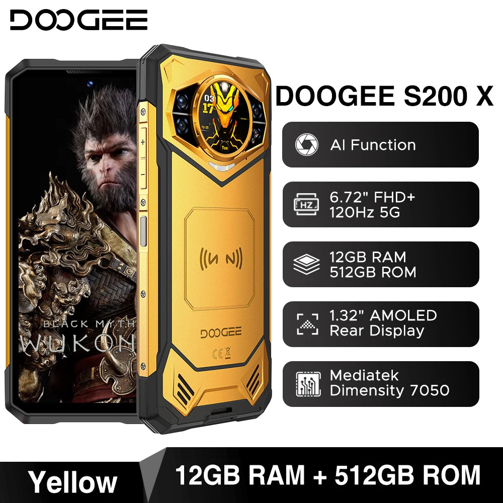 DOOGEE S200 X 5G Rugged Phone 6.72" 120Hz Dimensity 7050 12GB+512GB AI Triple Camera 10100mAh Battery NFC 5g Smartphone
