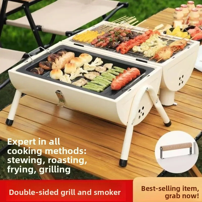 Portable Camping Barbecue Grill Multi-Function Charcoal Barbecue Double-Sided Chimney Home Outdoor Stove Meat Cooking Tool