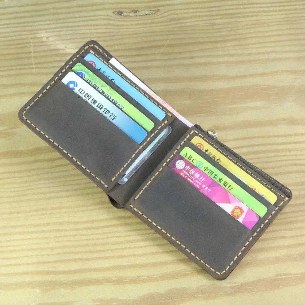Luxury Handmade Genuine Leather Men Wallet Bifold Purse Male Wallets Short Money Clip Vintage Leather Money Bag with zip pocket