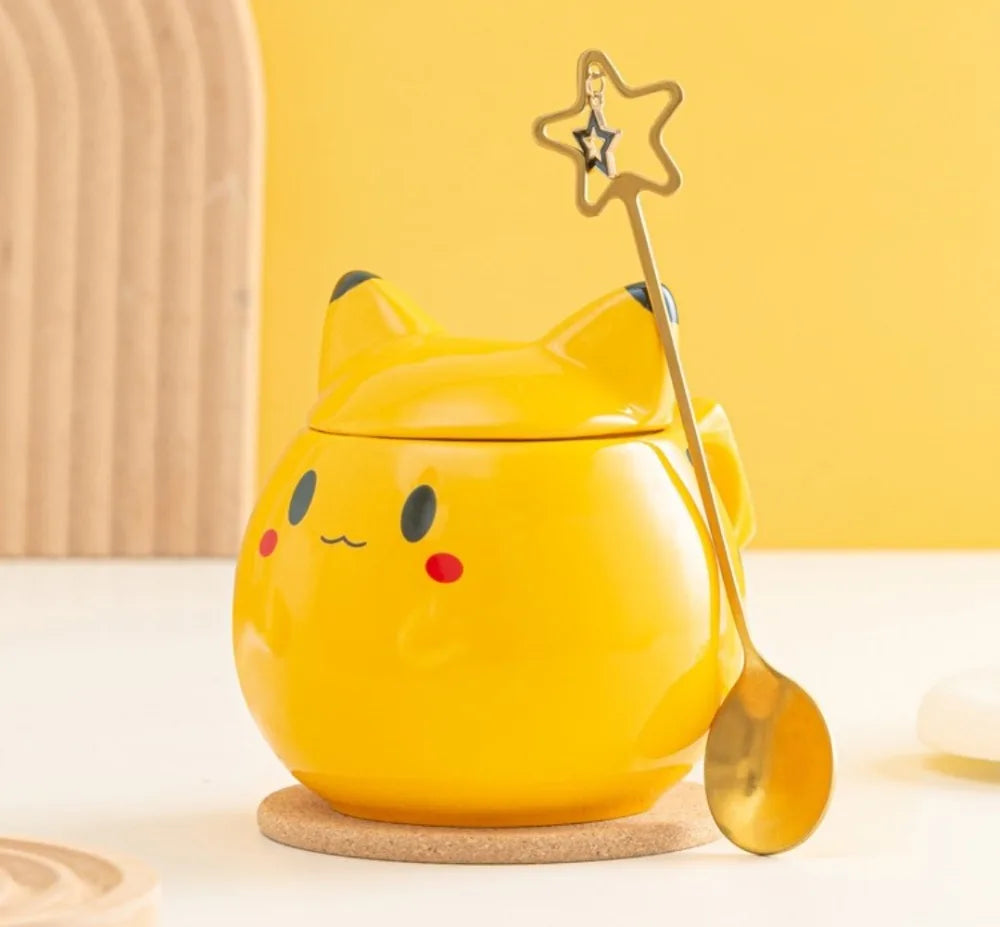 SHUNXIANG 300ml Pokémon Spherical Mug Ceramic Pikachu Cup with Lid Creative and Cute Pattern Cup Gift Desktop Decorative Cup