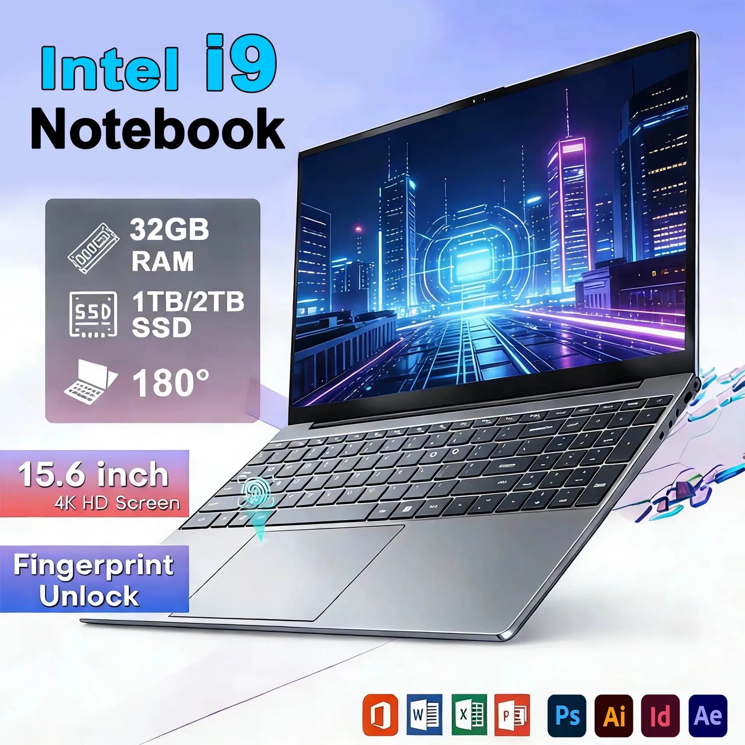 2026 NEW 15.6Inch Portable Laptop Intel Core i9-9900U 32GB 2TB Windows11 Office Fingerprint Unlock Gaming Notebook Computer PC