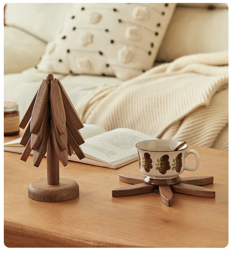 Wooden Tree Trivet & Star Coaster Set, Foldable Heat Resistant Pot Holders, Walnut Wood Table Trivet for Hot Dishes, Pots, Cups