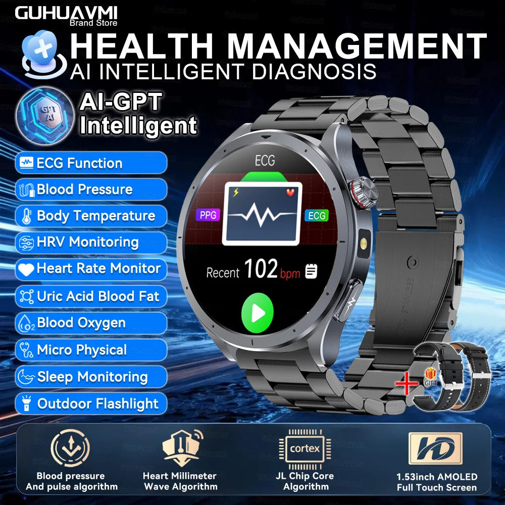 2026 New Body Fat Analysis Health Smart Watch ECG+PPG Uric Acid Blood Pressure Blood Oxygen Clock Call Smart Watch For Men Women