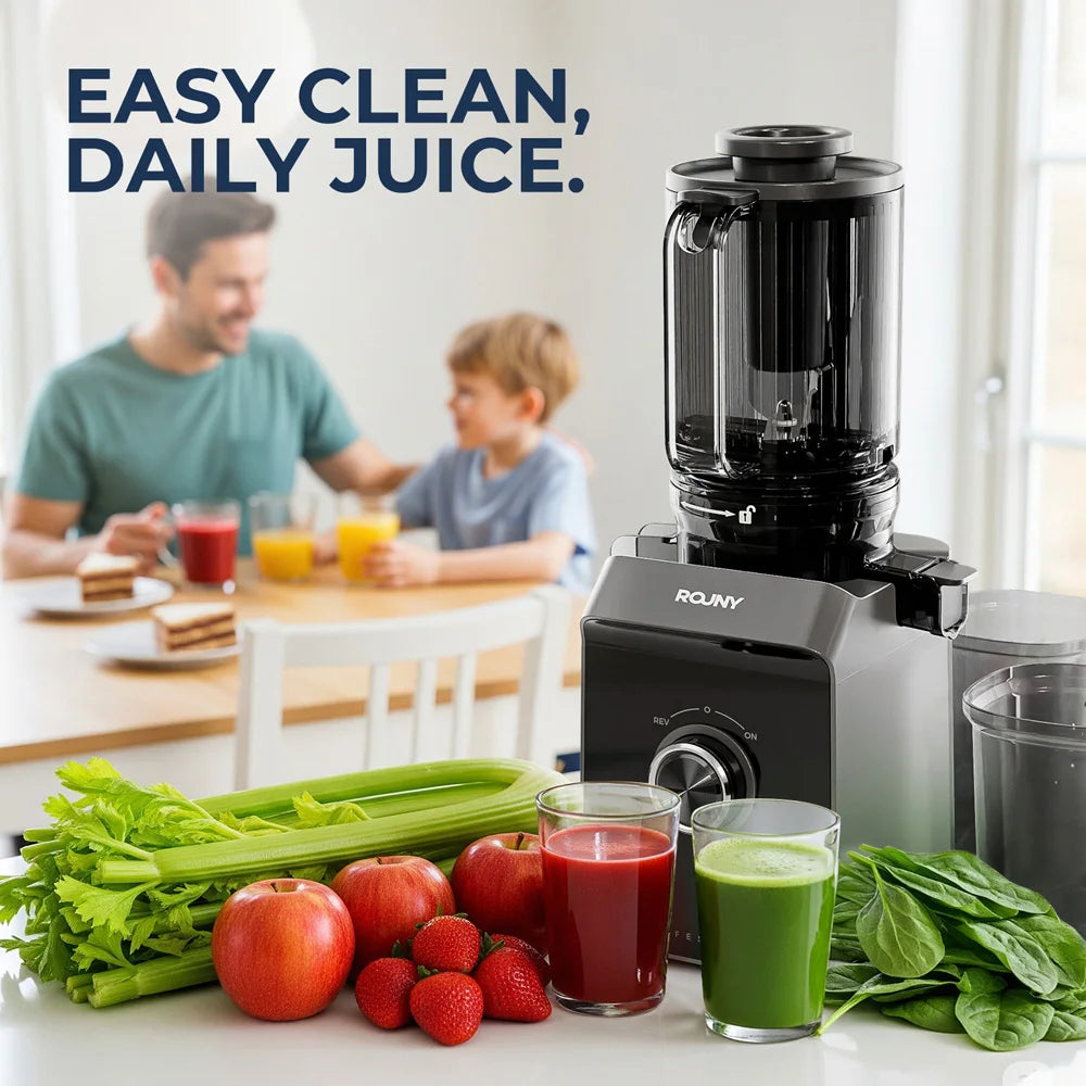 ROUNY Slow Juicer, Cold Press Extractor with Filter-Free, Easy Clean Electric Fruit Juicer Machine with Large Caliber,  Black
