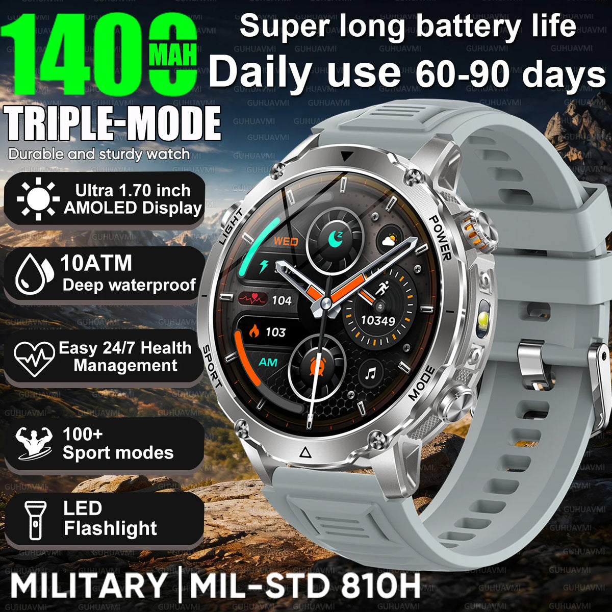 2026 Hot New 1400mAh Extra-Large Battery SmartWatch Men Military Outdoor SOS Flashlight  Waterproof Heart Rate Sports Smartwatch