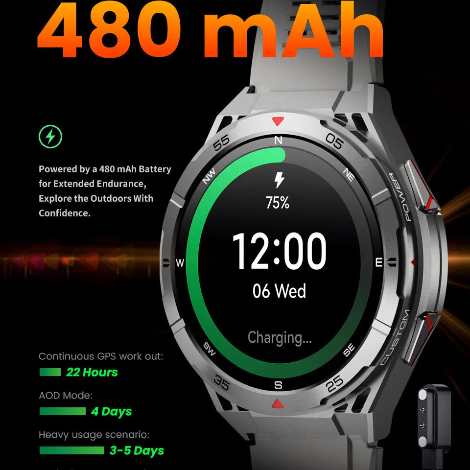 New Smart Watch GPS Sports Compass Altitude Air Pressure Blue Tooth Call 3ATM Waterproof Health AMOLED Screen Smartwatch 480Mah