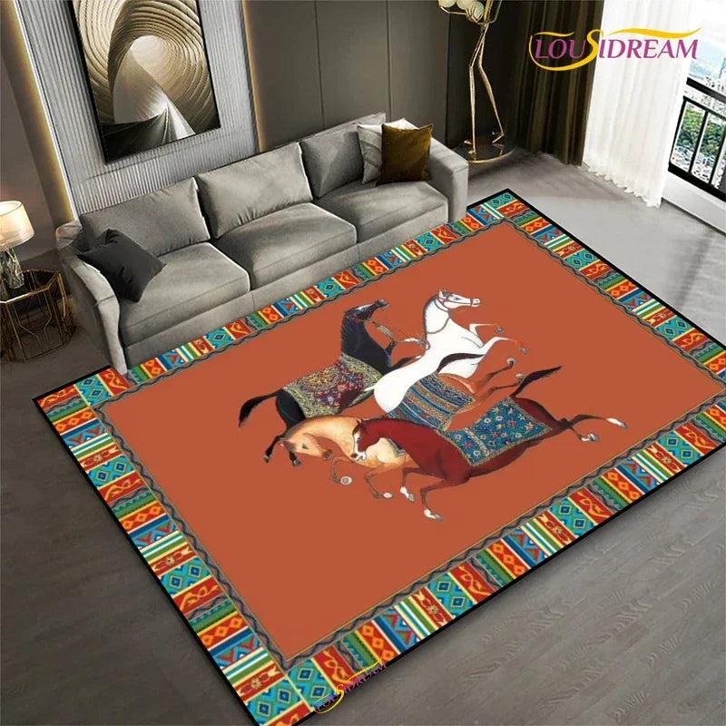 Fashion Ethnic Frame Horse Carpet Living Room bedroom yoga rugs kitchen Door Kids Un-Slip Mats Alfombra birthday gift Poster Mat
