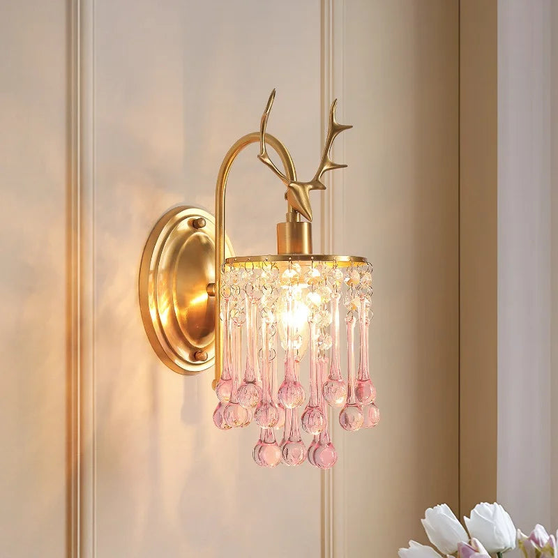 Crystal Wall Lamp - LED American Retro Bedroom Staircase Living Room And Background Wall Light Charging Function Without Wiring