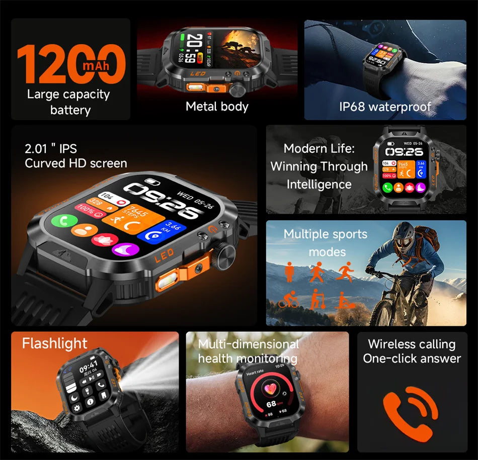 2026 New Outdoor Military Smart Watch 1200mAh Battery GPS HD Call Health Monitoring 2.01-inch Waterproof Sports Smartwatch Men