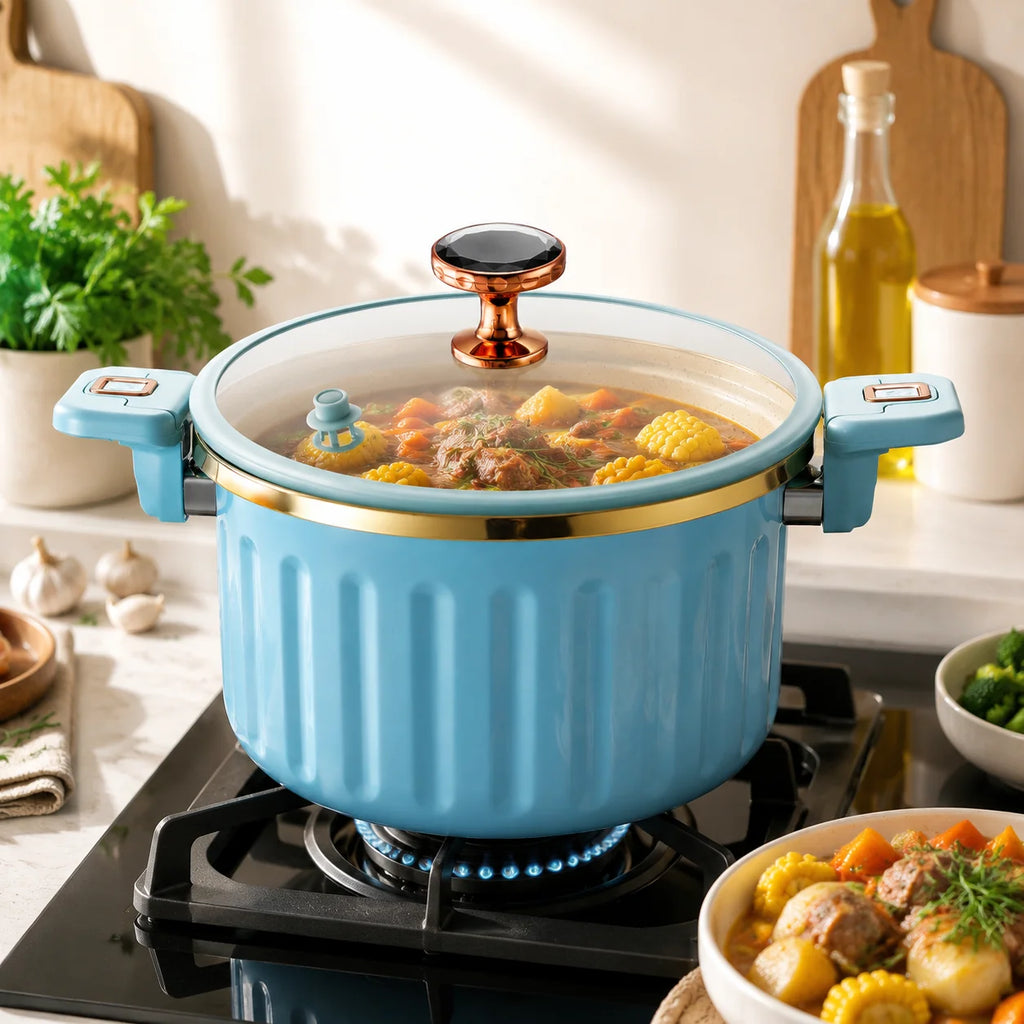 7L Enamel Casserole Pot with Glass Lid, Micro Pressure Cooking Pot with Locking Handles, Nonstick Stockpot for Soup, Stew, Pasta, Gas & Induction Hob