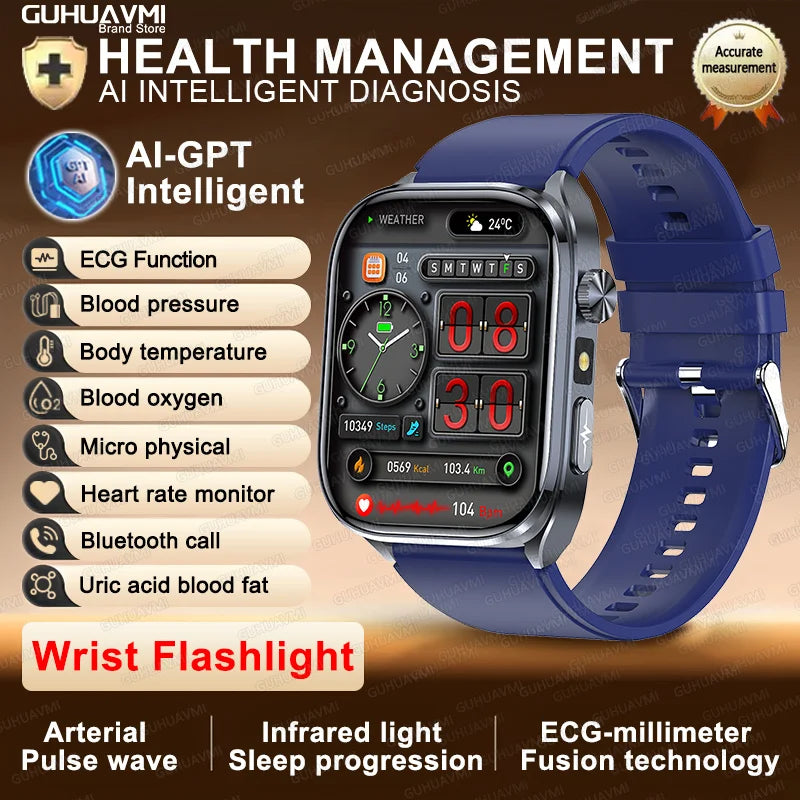 New Accurate Blood Pressure Smart Watch Uric Acid ECG+PPG Blood Oxygen Body Analysis Body Fat LED Flashlight smart watches 2025