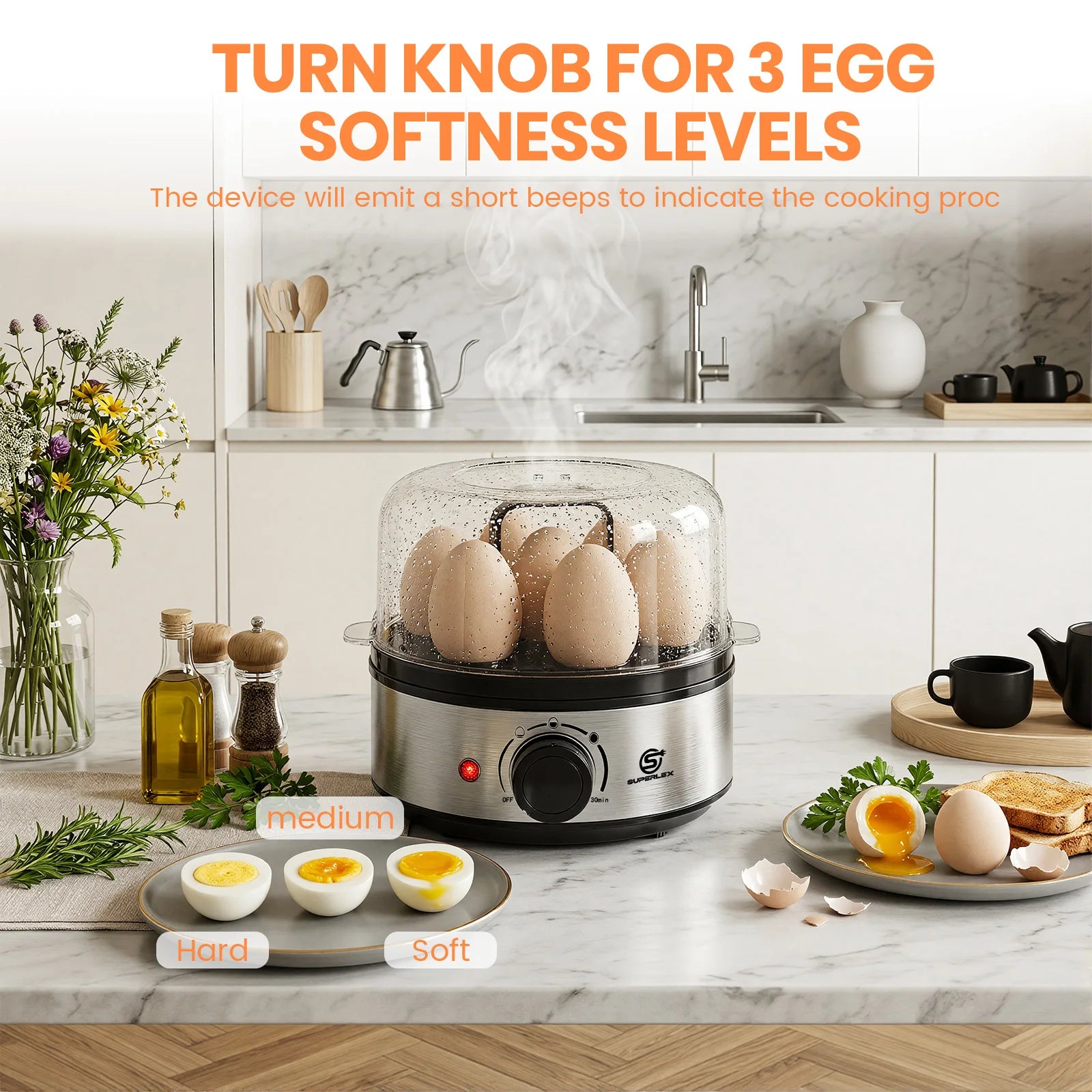 SUPERLEX 400W Power Eggs Cooker 7-Egg Capacity Dial Control Smart Shut-Off Reminder Rapid Egg Boiler Easy to Clean and Safer New