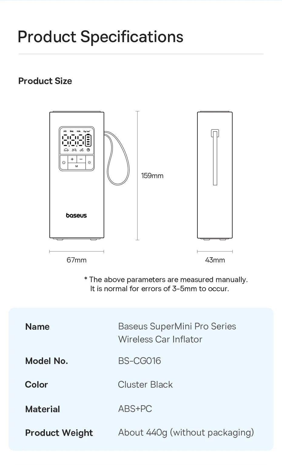 Baseus Wireless Air Pump Portable Tire Inflator Air Compressor with Digital Display for Car Motorcycles Bicycle Electric Pump