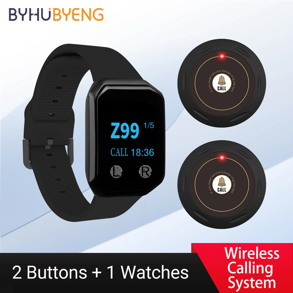 2PCS Wireless Call Button + 1 Watch Receiver Wireless Calling System For Nurse Call Caregiver Pager Elderly Care Clinic