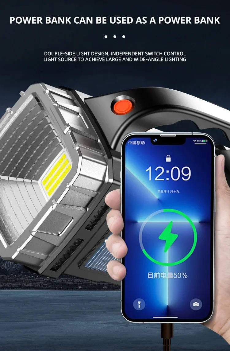 2024 Powerful LED Flashlight USB+Solar Rechargeable Flashlight COB Outdoor Camping Torch Portable Searchlight Power Bank Outdoor