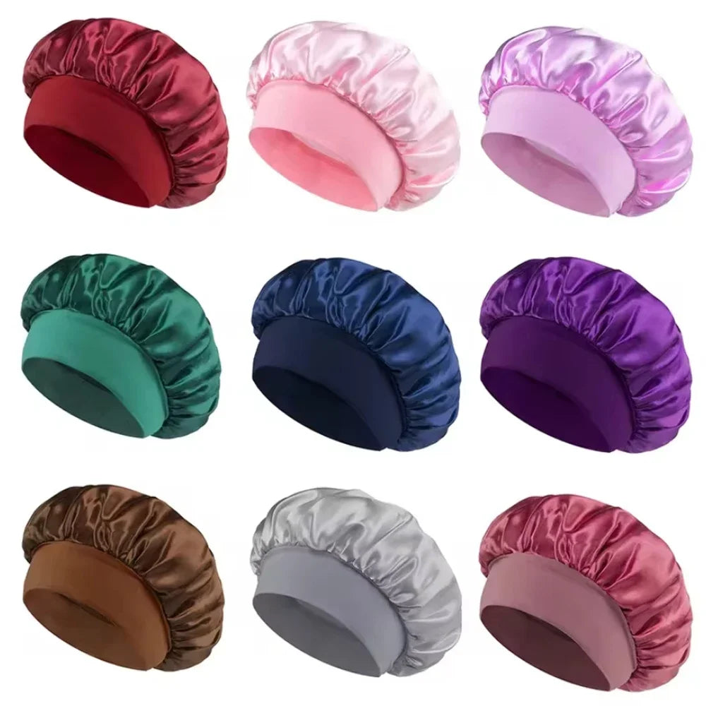 Women Satin Bonnet Hair Bonnet for Sleeping Hair Care Silk Bonnets Solid Wide-brimmed Sleeping Hat with Elastic Soft Band