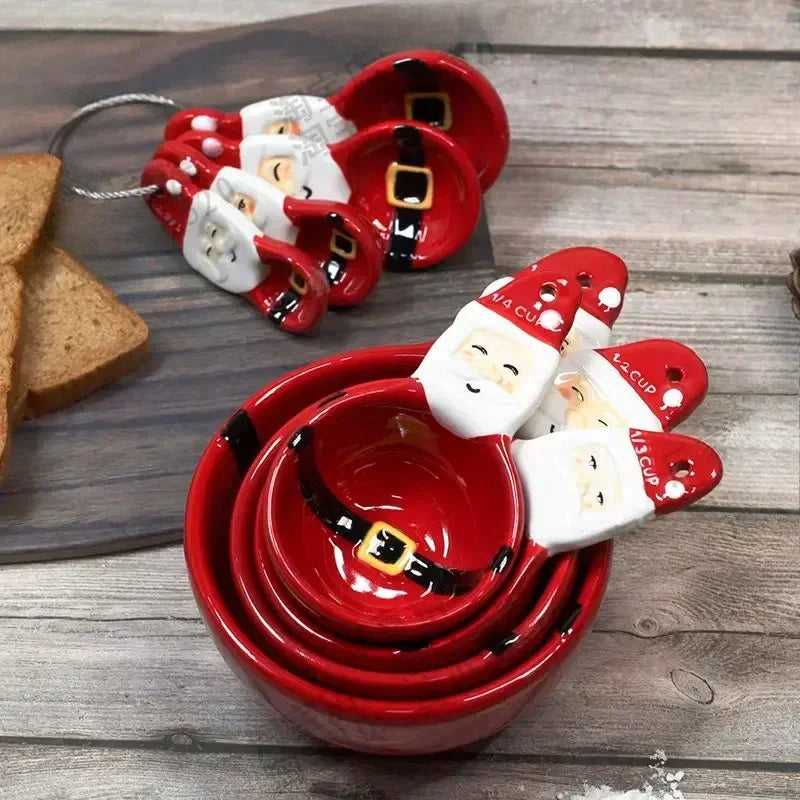4pcs Christmas Measuring Spoons Set, 3D Hand-painted Ceramic Bowl Measuring Cup, Baking DIY Cake Flour Kitchen Accessories Gift