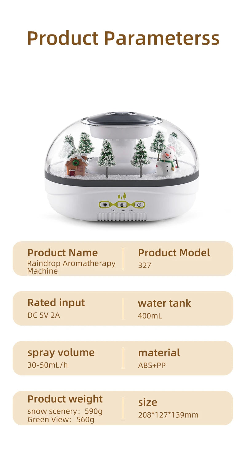 Snowman Landscape Aroma Humidifier with Colorful Light Essential Oil Diffuser Ultrasonic Raindrop Air Humidifier for Home Office