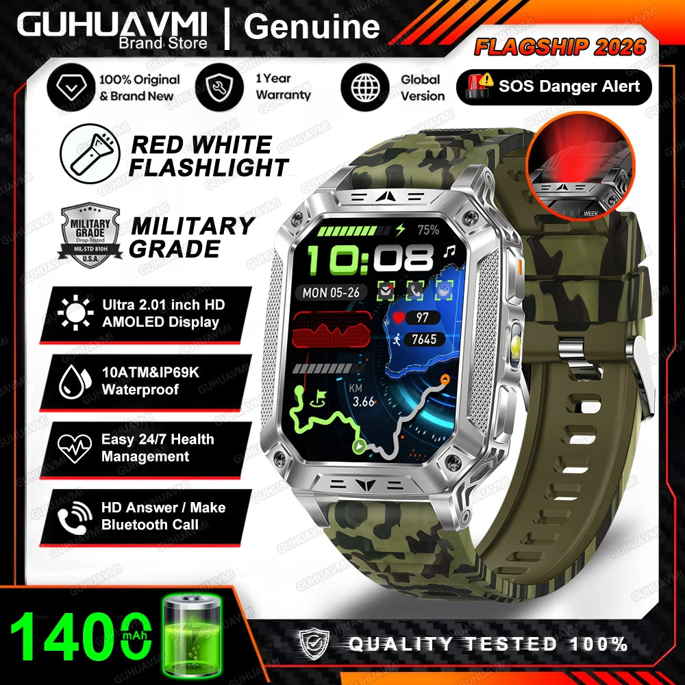 2026 New Military Grade 1400mAh Battery Smart Watch GPS Tracks 5ATMWaterproof Flashlight Heart Rate 2.1" Durable Smartwatch Men