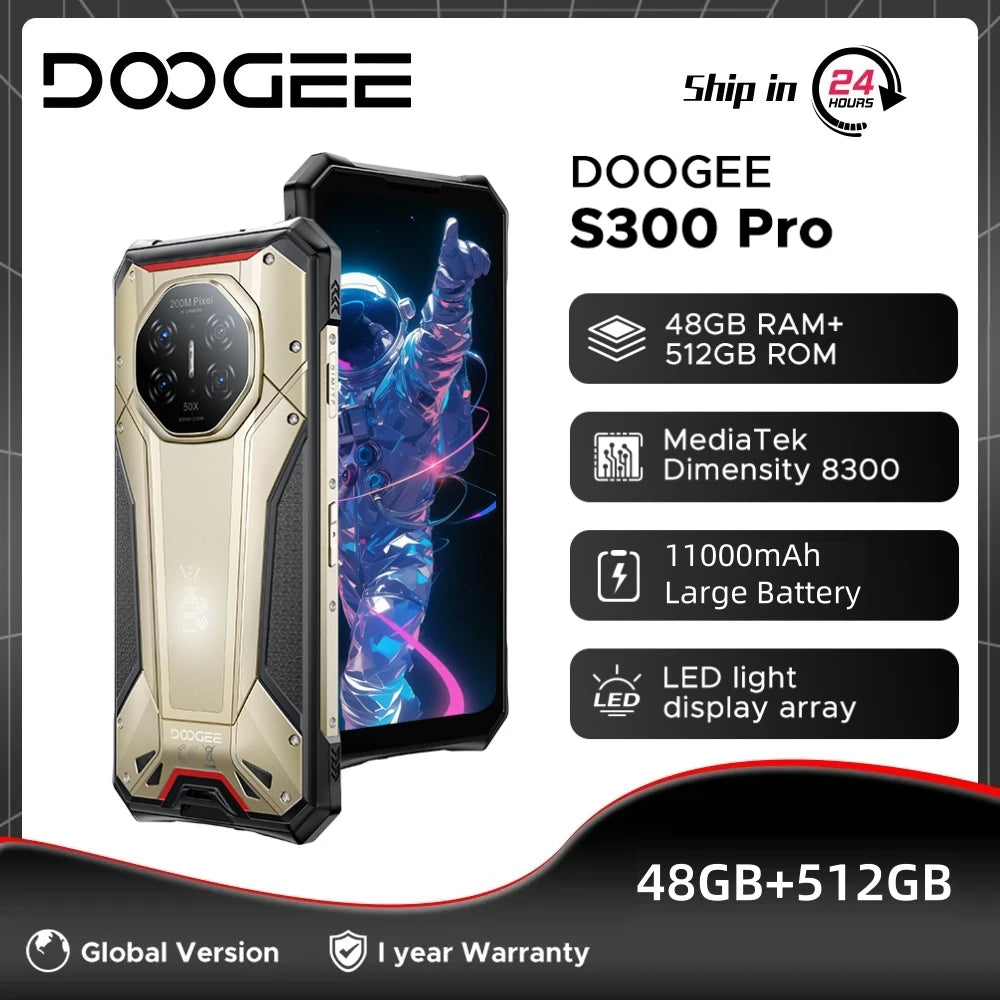 Global Version DOOGEE S300 Pro Rugged Phone 48GB+512GB Dimensity 8300 11000mAh Battery 66W 6.78” FHD+120Hz Android16 Smartphone