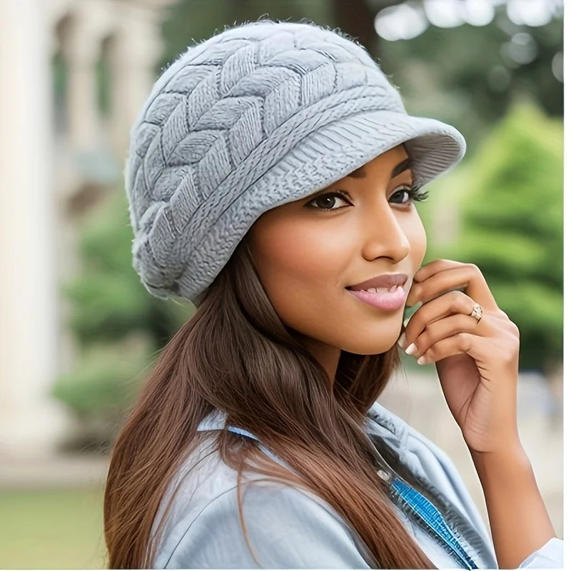 Retro women's winter warm knitted cap, cold weather running, camping, walking fashionable skiing cap with sun hat