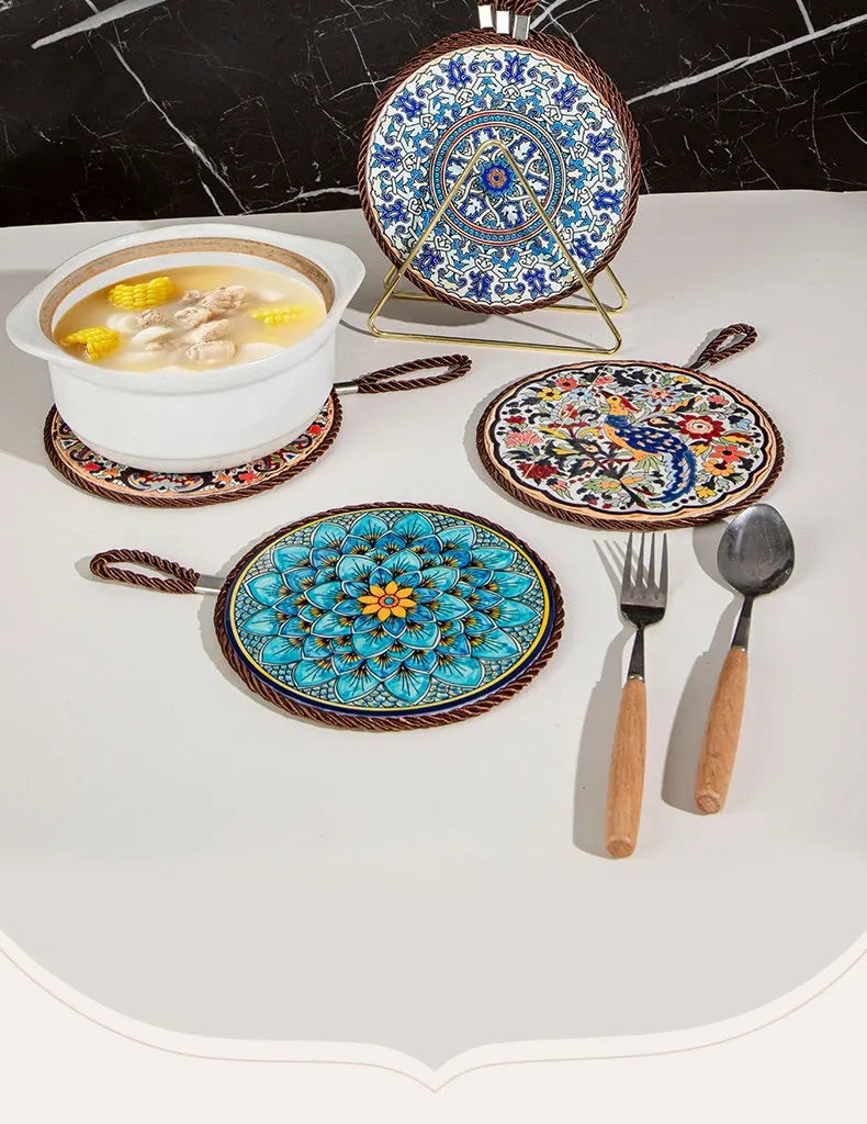 HeMu Bohemian Style Ceramic Pot Holders,Mandala Pattern Heat Resistant Trivets,Hanging Kitchen Coasters with Rope for Hot Dishes