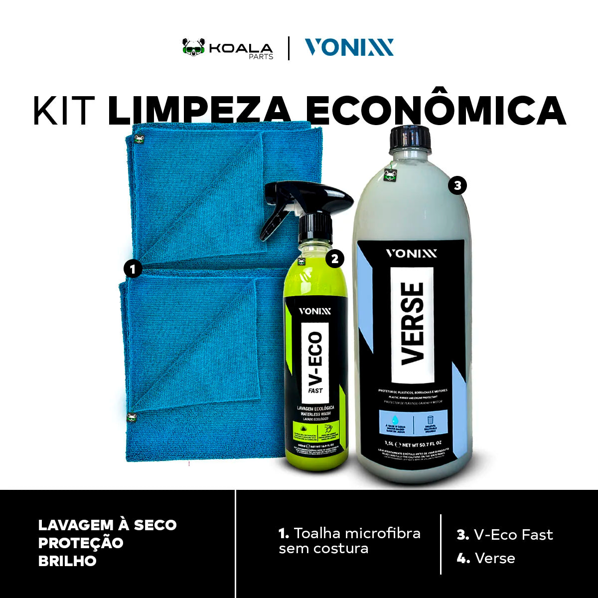 Car Dry Wash Kit Moto V-Eco C/Carnauba Wax 500ml + Verse Plastic Rubber 1.5L Vonixx