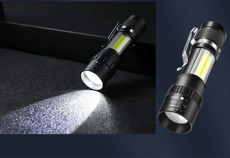Mini LED Flashlight with Pen Clip Zoomable USB Rechargeable Portable Torch with Side Lights Outdoor Camping Emergency Lantern