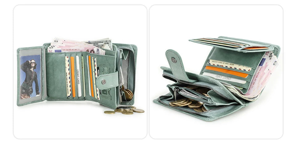 CONTACT'S Genuine Leather RFID Vintage Wallet Men With Coin Pocket Short Wallets Small Zipper Wallet With Card Holders Man Purse