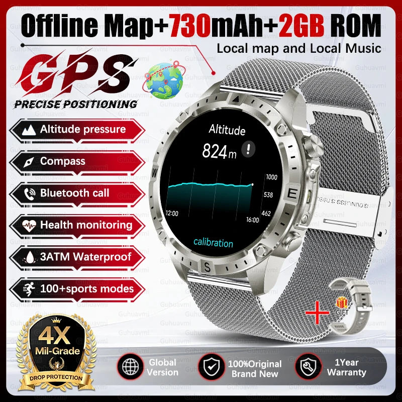 2026 Outdoor GPS Smart Watch Men 2GB ROM Offline Map 730mAh Battery 3ATM Waterproof Compass Altimeter Health Monitor Smartwatch