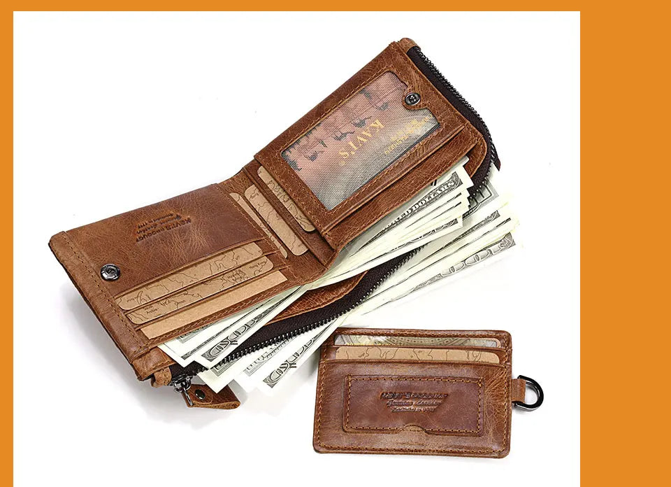 KAVIS Crazy Horse Leather Men Wallets Vintage Cowboy Travel Wallet Card Holder Fashion Coin Purse for Women with Extenal Cardbag