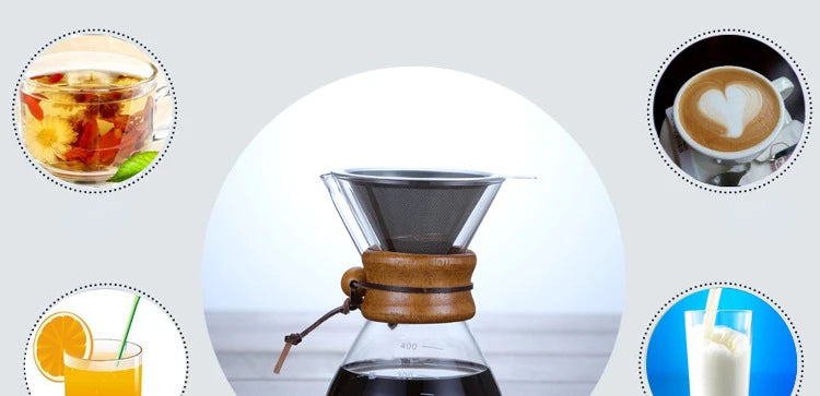 Hand Glass Coffee Kettle with Stainless Steel Filter Drip Brewing Hot Brewer Coffee Pot Dripper Barista Pour Over Coffee Maker