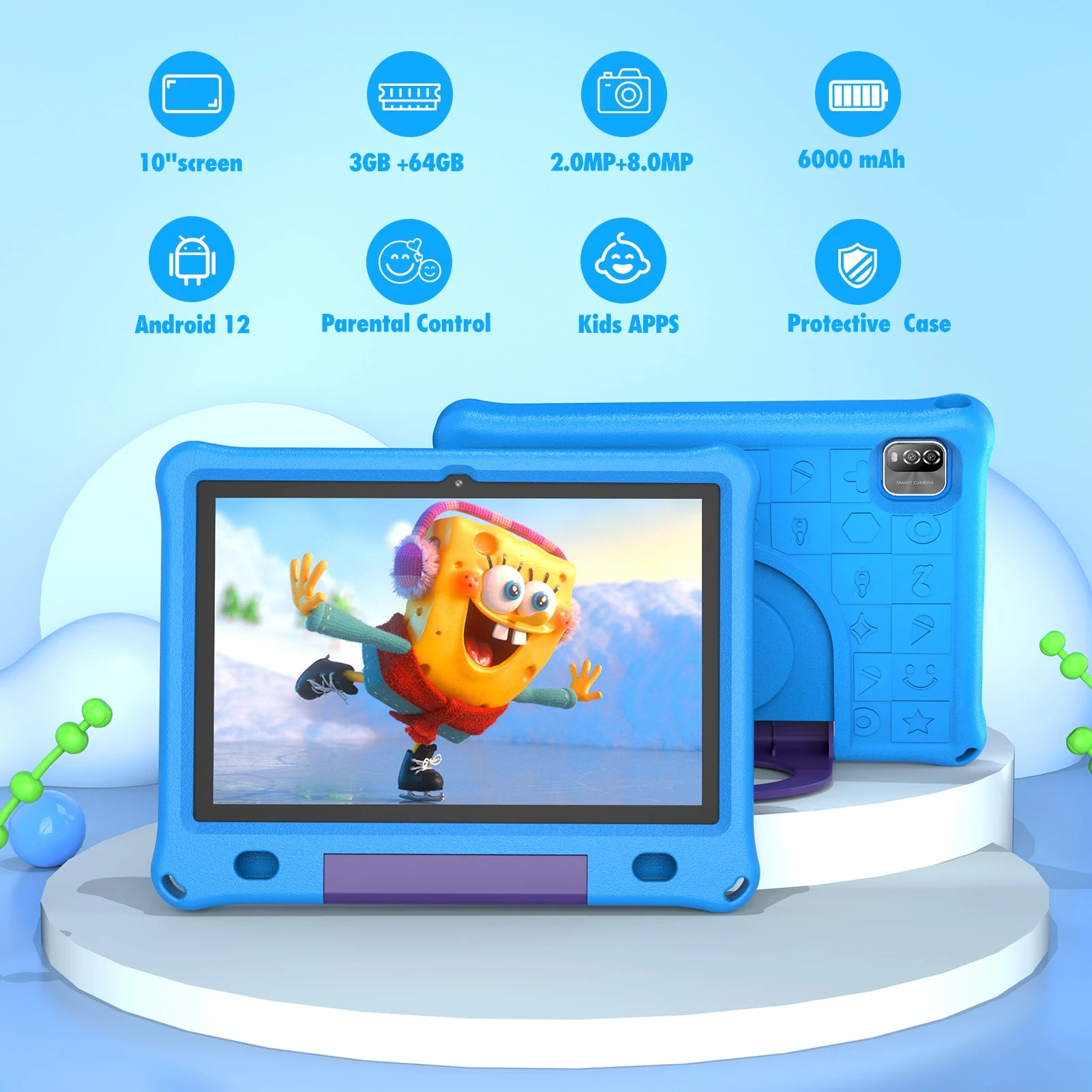 Pritom 10.1 Inch Kids Tablet Android 15 WIFI 6 Quad Core Processor 3GB RAM 64GB ROM YouTube with EVA Protective Case