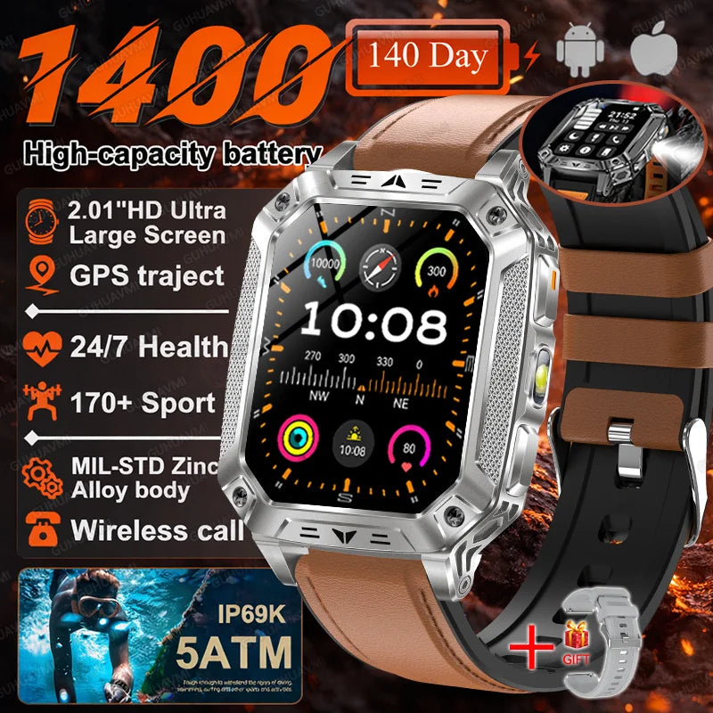 2026 Military 5ATM Waterproof Smart Watch Men 1400mAh Battery GPS Tracks 2.01" HD AMOLED Bluetooth call Sport Fitness Smartwatch