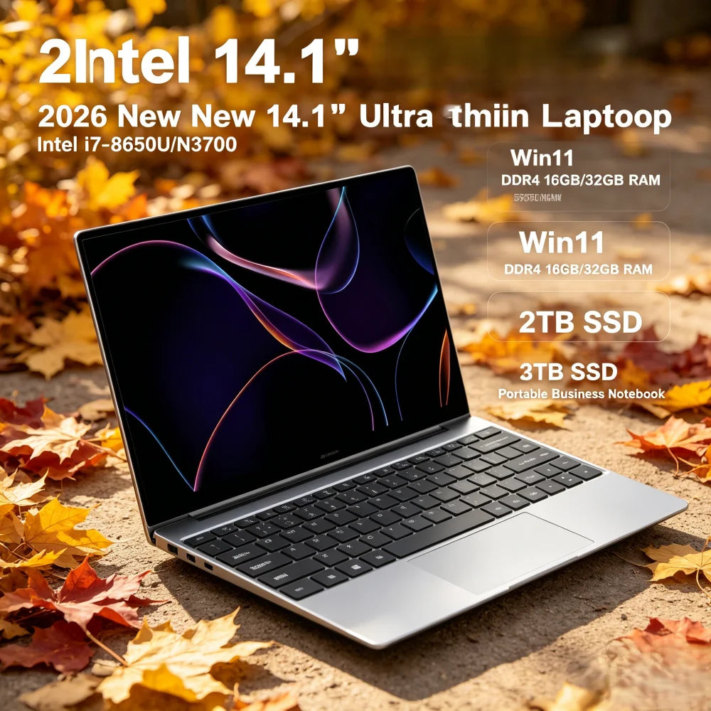 2026 New 14.1" Ultra Thin Laptop Intel i7-8650U/N3700 Win11 DDR4 16GB/32GB RAM 2TB SSD Portable Business Notebook