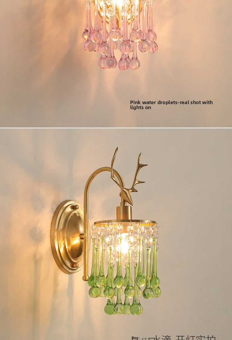 Crystal Wall Lamp - LED American Retro Bedroom Staircase Living Room And Background Wall Light Charging Function Without Wiring