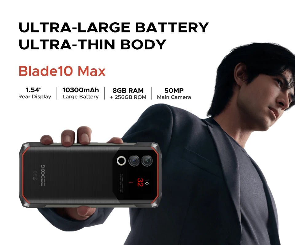 DOOGEE Blade10 Max Rugged Phone 6.56" 90Hz IPS Display 10300mAh Battery Phone 8GB 256GB 1.54" Rear Display 50MP AI Main Camera