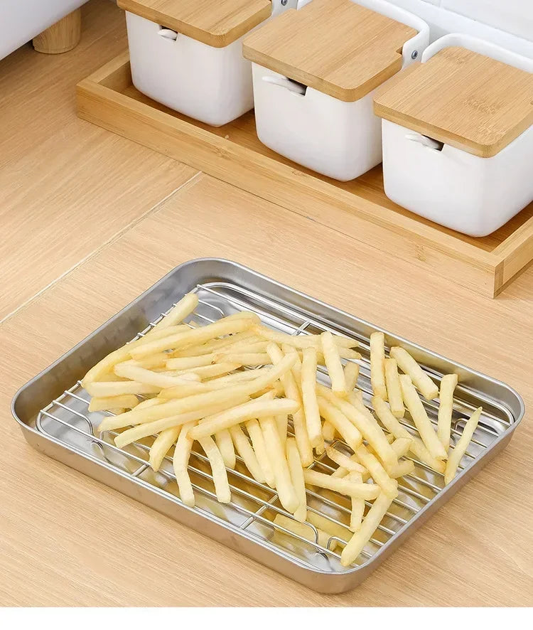 Flat Bottom 430 Stainless Steel Square Plate Oven Safe BBQ Grill Pan Drain Tray Oil Drip Rack Prep Plate for Roasting Grilling
