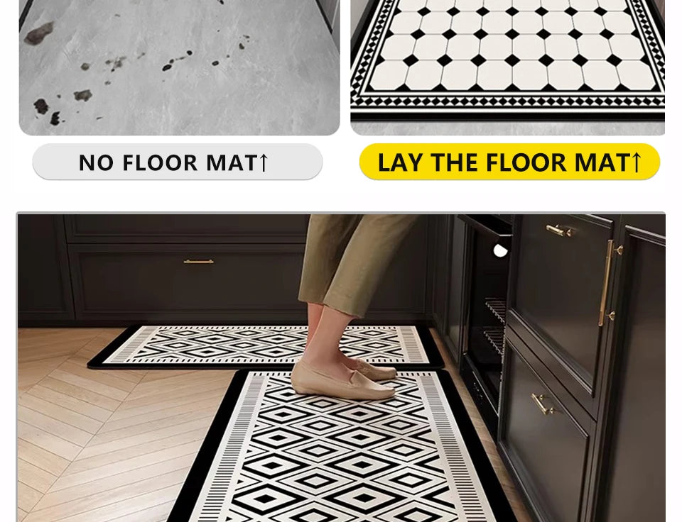 Kitchen Rug PVC Waterproof Leather Carpet Oil-proof Non-Slip Floor Mat Black Checkered Rugs Long Strip Carpets Home Decor 주방용 러그