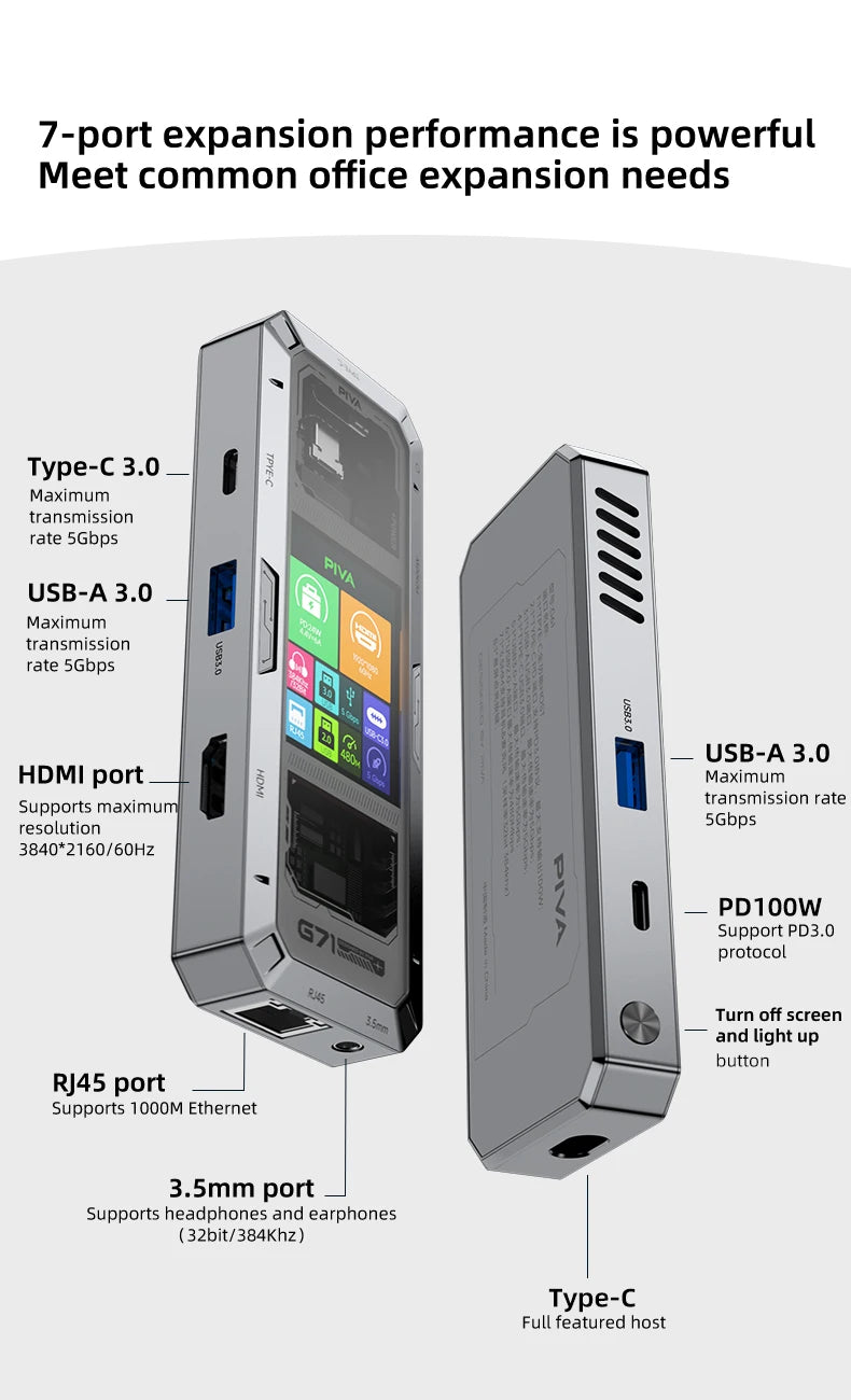 PIVA G71 7 in 1 Aluminum Alloy Office Docking Station Smart Screen Display Type-C to HDMI2.0 USB3.0 HUB PD100W Adapter