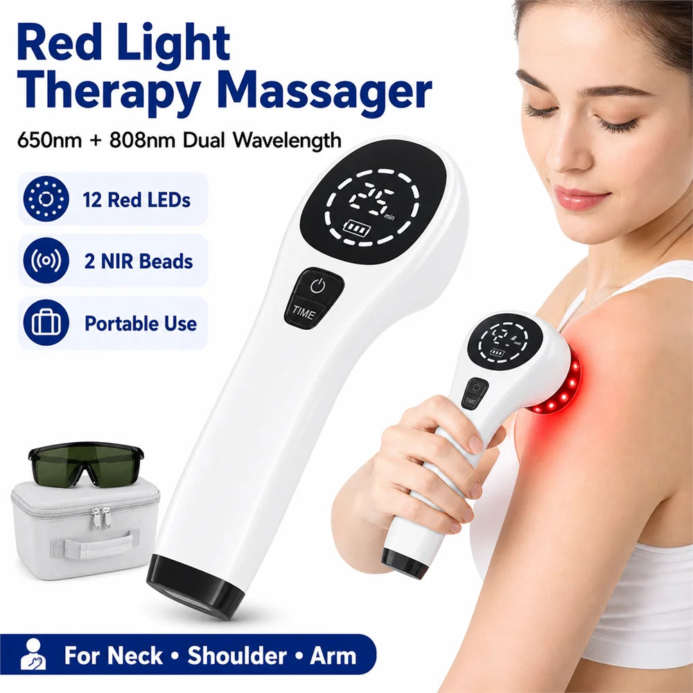 Red Light Therapy Device Handheld 650nm 808nm Low Level Laser Pain Relief Massager Portable Infrared Light Therapy Wand for Face Body Muscle Neck Shoulder Knee Back Foot, 12 Red LEDs 2 NIR Beads White