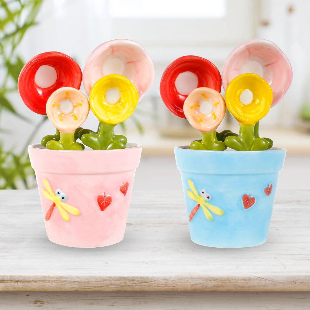 4Pcs Porcelain Measuring Spoons Set with Base Cute Cactus Shape Stirring Soup Spoon Ceramic Flower Pot Measuring Spoon