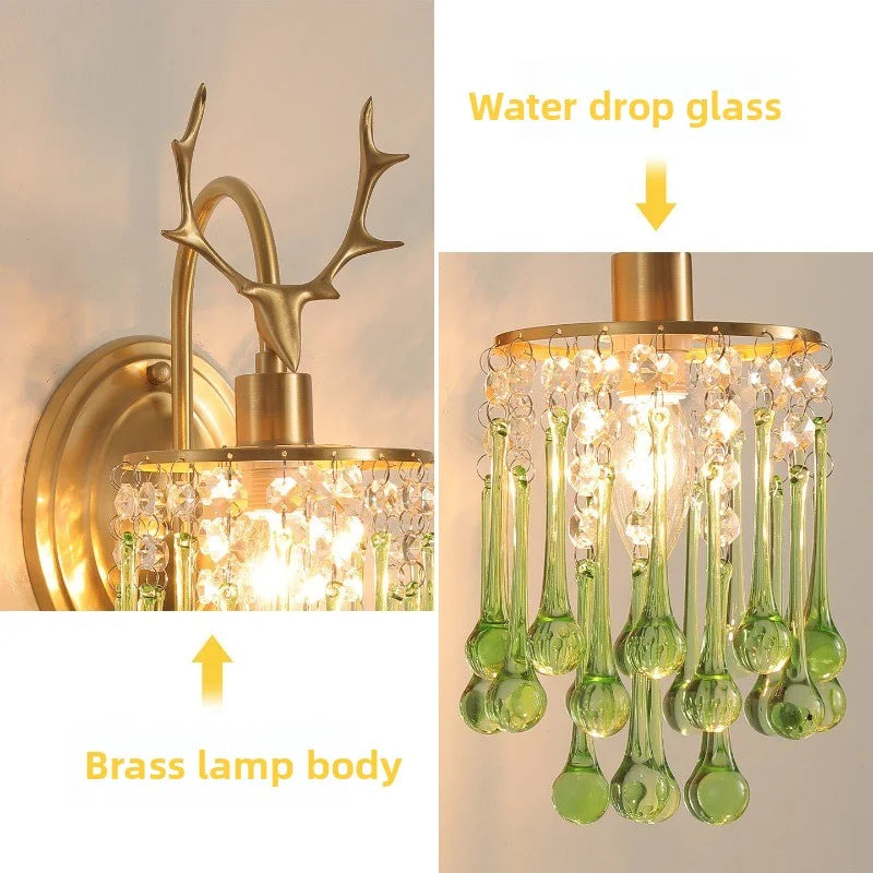 Crystal Wall Lamp - LED American Retro Bedroom Staircase Living Room And Background Wall Light Charging Function Without Wiring